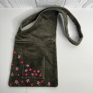 Vtg Artisanal Corduroy Shoulder Bag Olive Pink Embroidered Flowers 9x12